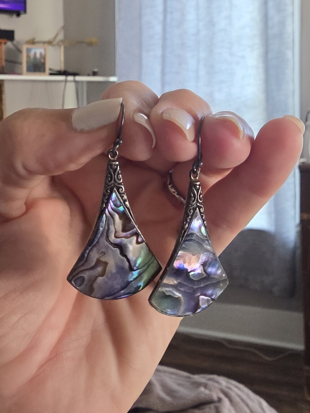 Vintage Bohemian Abalone Shell Fan Drop Earrings - Iridescent Multicolor